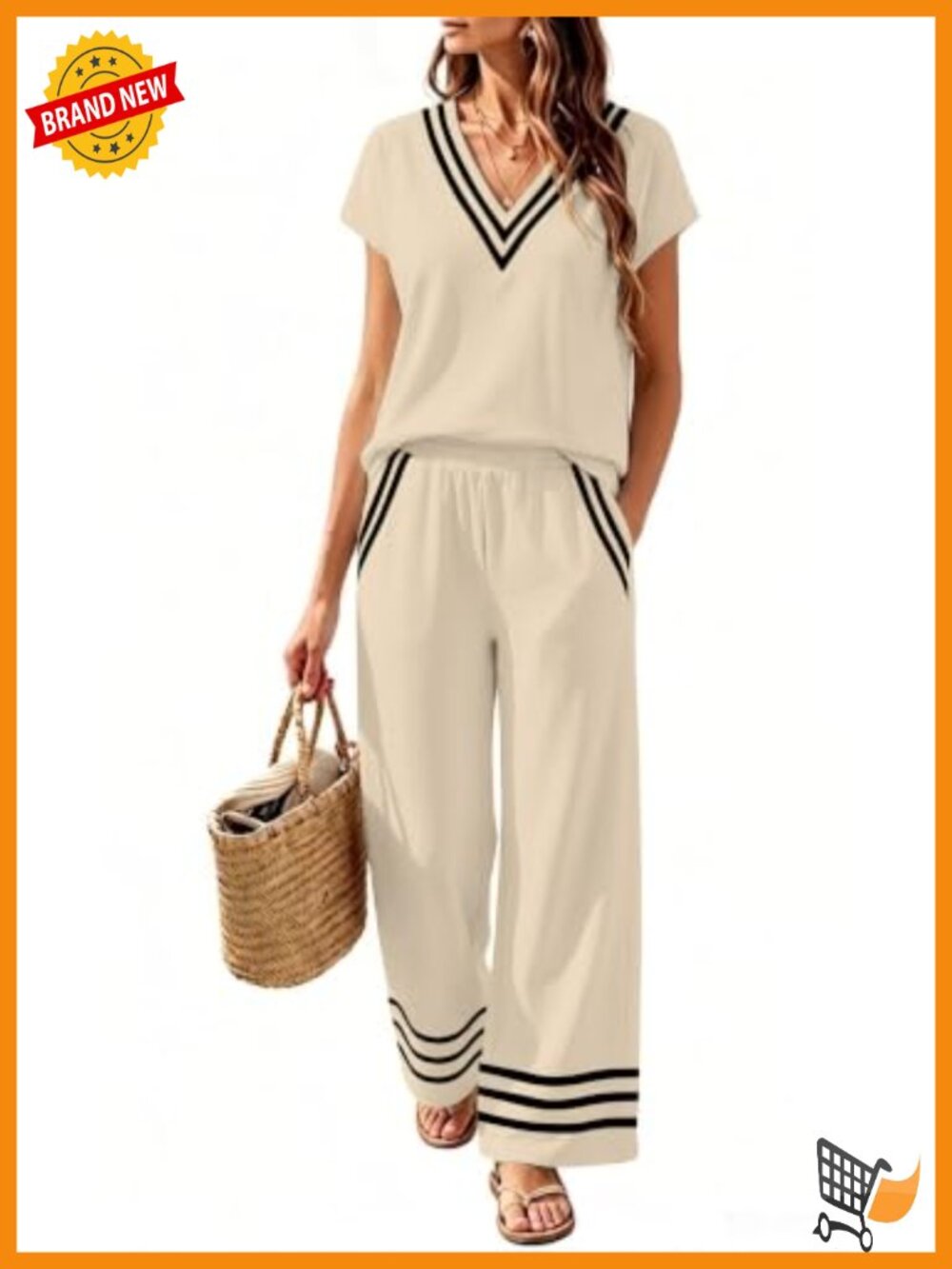 Women's Two Piece Lounge Set V-Neck Top Wide Leg Pants Travel Resort Wear